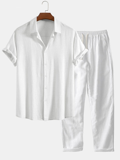 Linen-Rayon Blend Button-Up Shirt with Straight-Leg Linen Trousers