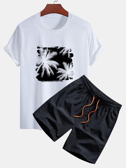 Classic Fit Cotton T-Shirt & Swim Shorts with Palm Tree Silhouette Print