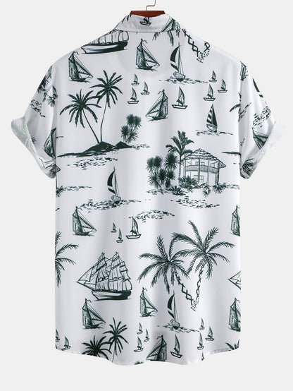 Island-Inspired Sailing Print Button-Up Shirt with Solid Drawstring Swim Shorts