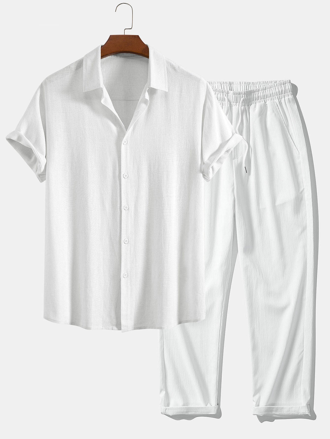 Linen-Rayon Blend Button-Up Shirt with Wrinkle-Textured Straight-Leg Pants