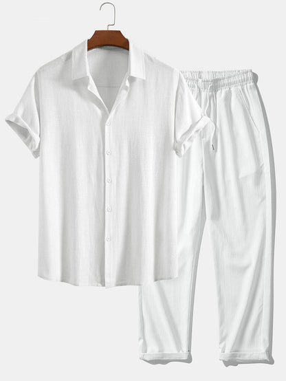 Linen-Rayon Blend Button-Up Shirt with Wrinkle-Textured Straight-Leg Pants