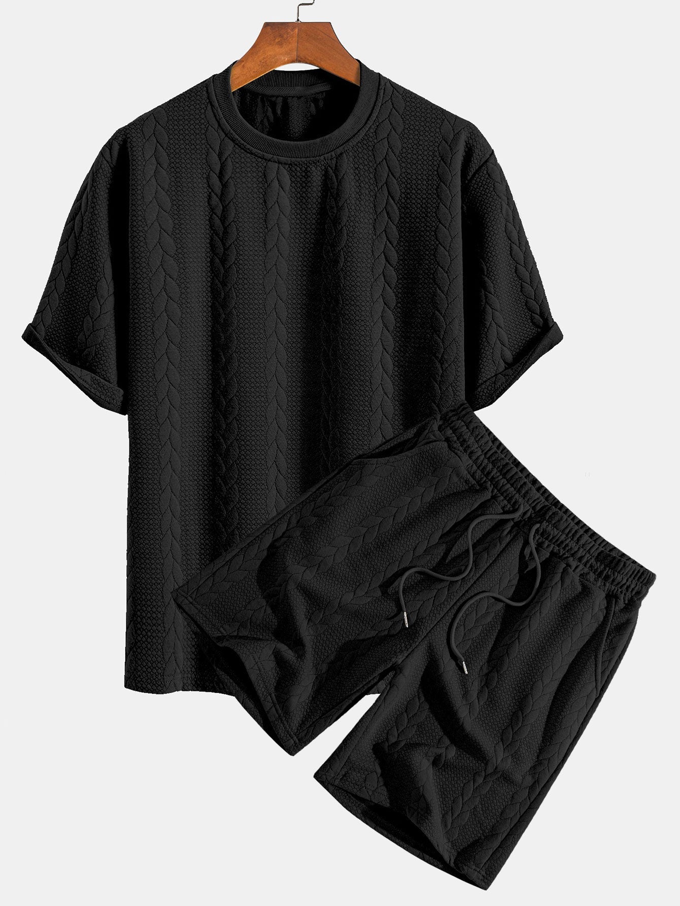Relaxed Fit Mid-Length Sleeve Twisted Jacquard Tee & Shorts Set
