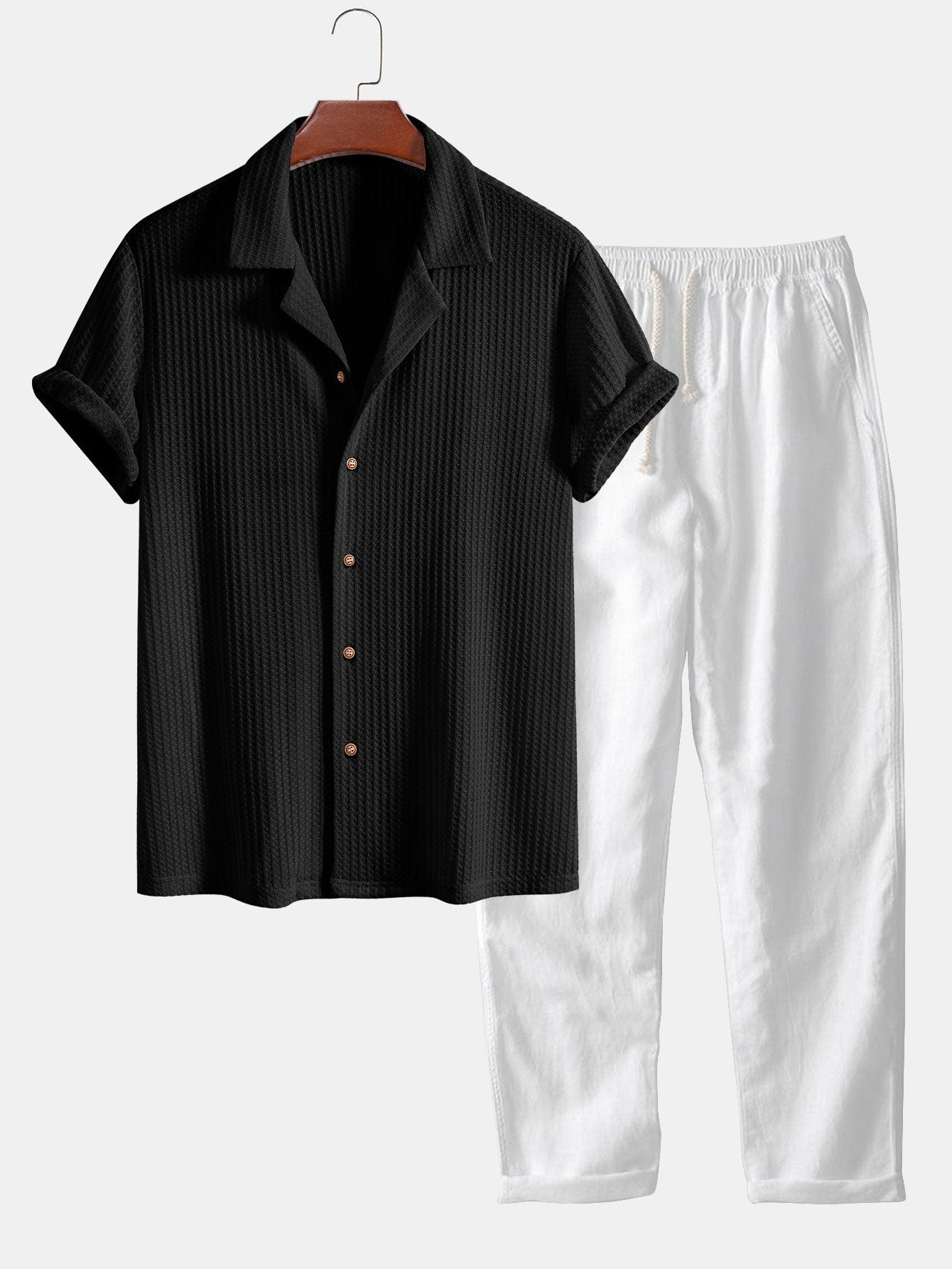 Short Sleeve Waffle Knit Cuban Shirt with Straight Leg Linen Trousers