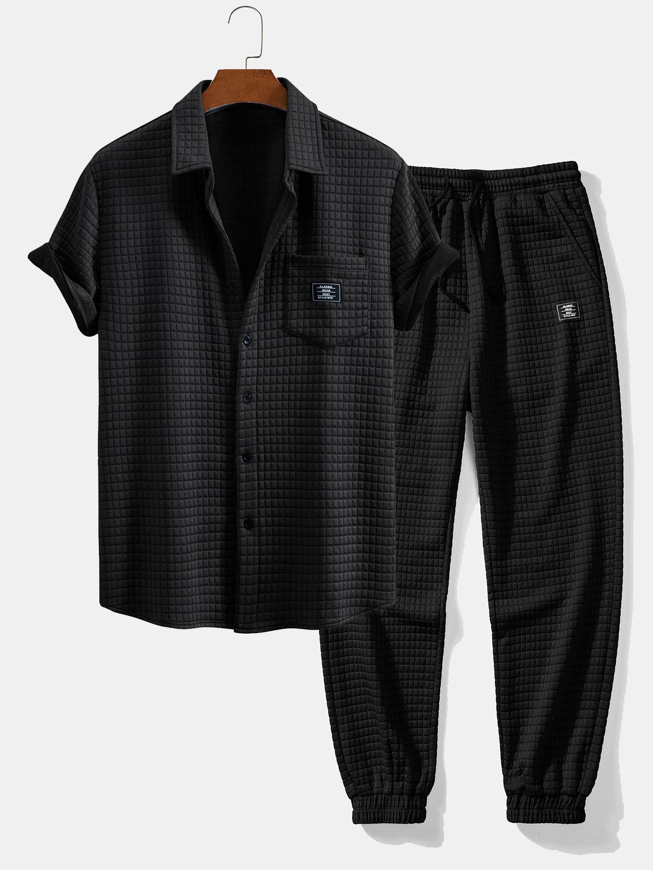 Waffle Knit Short Sleeve Shirt & Drawstring Jogger Pants Set