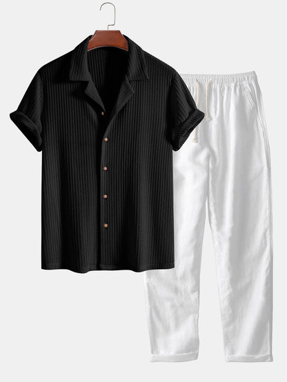 Cuban Collar Short Sleeve Waffle Knit Shirt with Straight Leg Linen Trousers