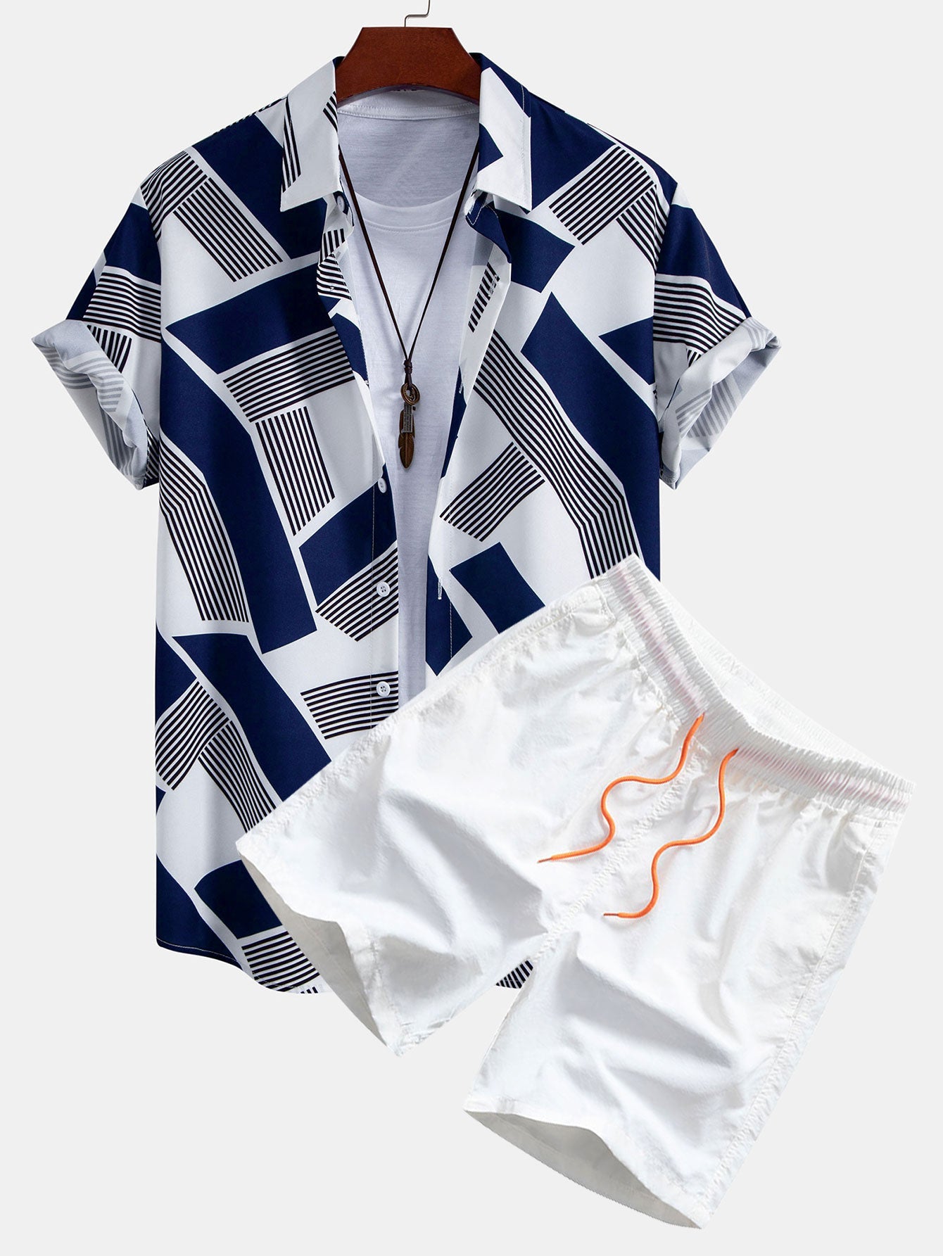 Color Block Geometric Print Button-Up Shirt with Matching Swim Shorts