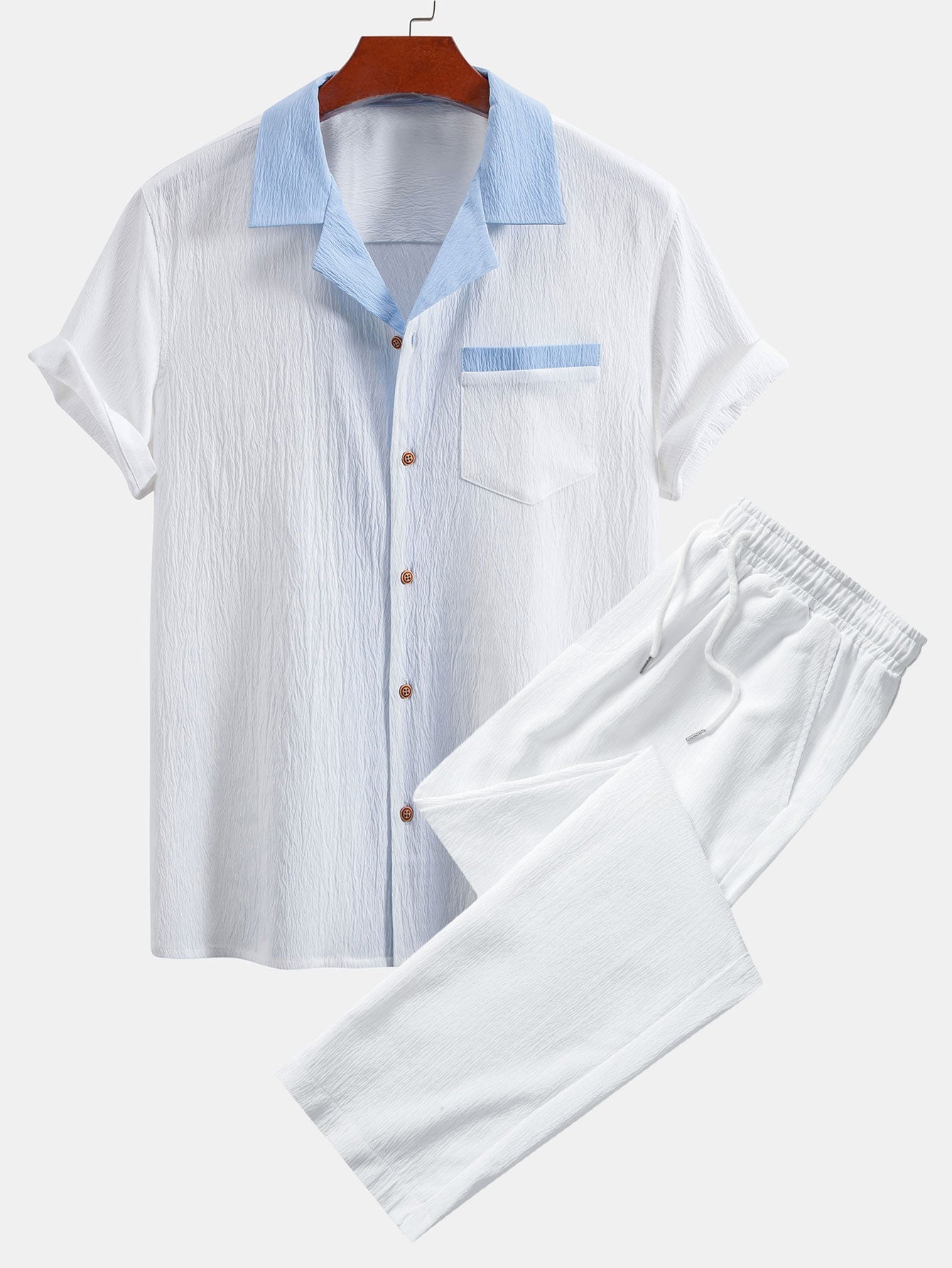 Textured Cuban Shirt with Contrasting Details & Straight Leg Trousers