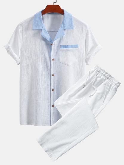 Textured Cuban Shirt with Contrasting Details & Straight Leg Trousers