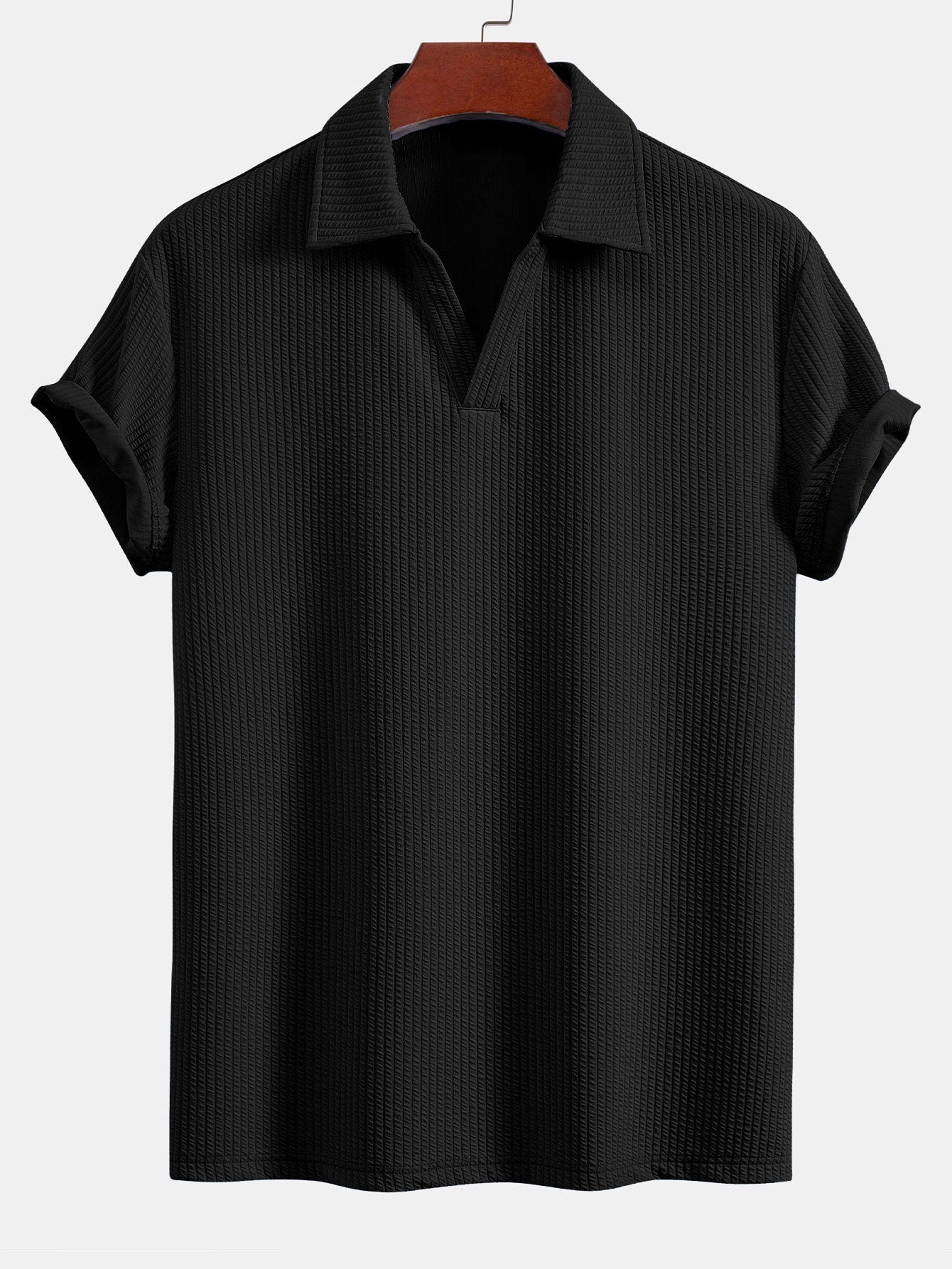 V-Neck Ribbed Polo with Short Sleeves & Drawstring Ribbed Shorts