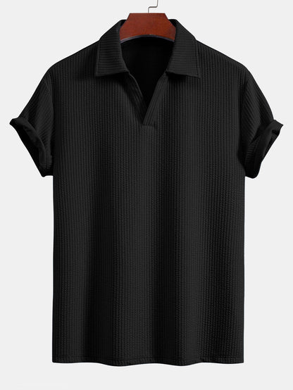 V-Neck Ribbed Polo with Short Sleeves & Drawstring Ribbed Shorts