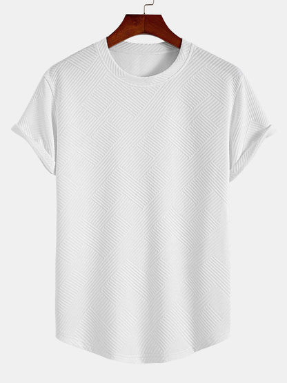 Striped Jacquard Short Sleeve T-Shirt with Arc Hem