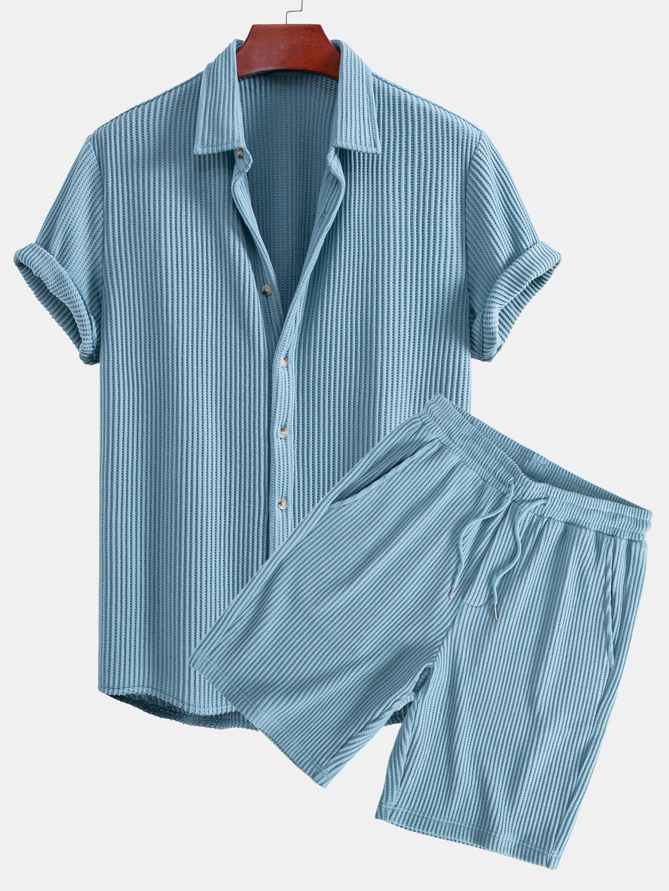 Waffle Knit Button-Up Shirt & Drawstring Waffle Shorts Set