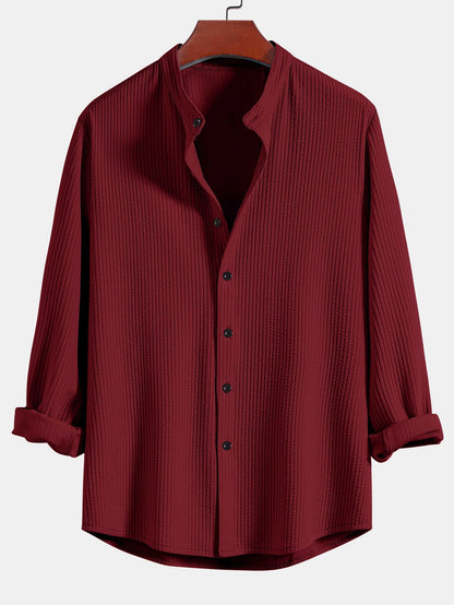 Ribbed Stand Collar Shirt with Long Sleeves and Muscle Fit