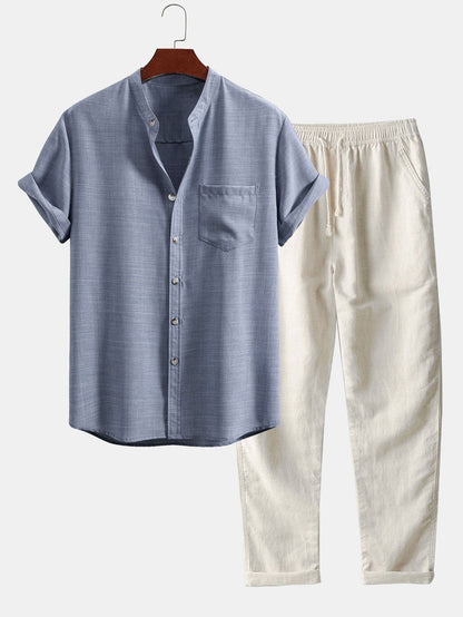 Short Sleeve Stand Collar Top & Straight Leg Linen Trousers