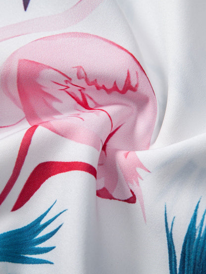 Flamingo Leaf Pattern Button-Up Shirt and Swim Shorts Set