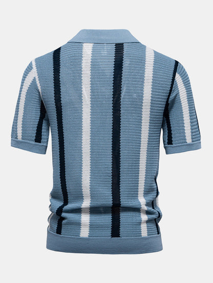 Striped V-Neck Knit Polo Shirt
