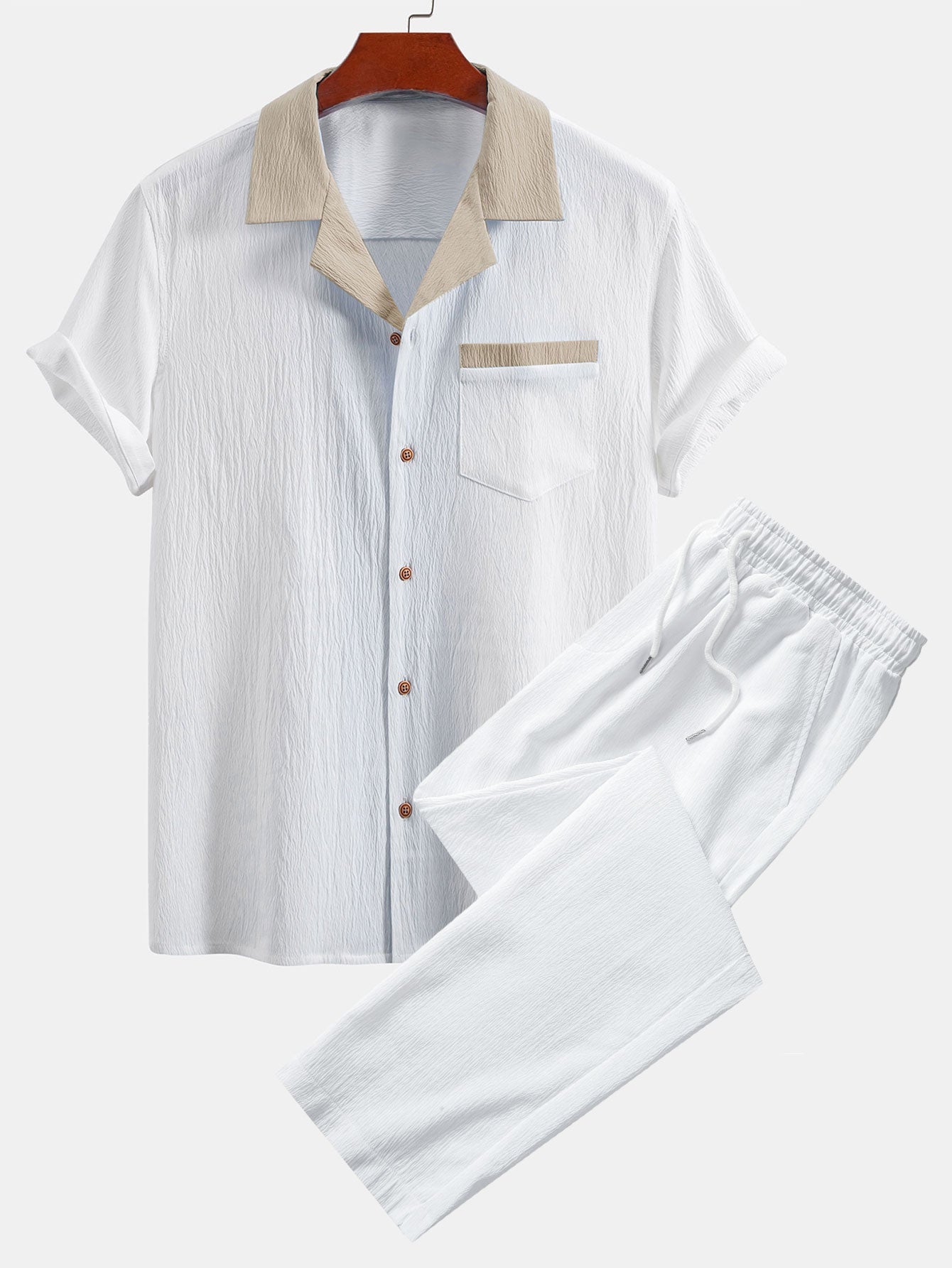 Textured Cuban Shirt with Contrasting Details & Straight Leg Trousers