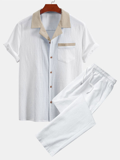 Textured Cuban Shirt with Contrasting Details & Straight Leg Trousers