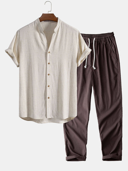 V-Neck Linen-Rayon Blend Top with Straight Leg Linen Trousers