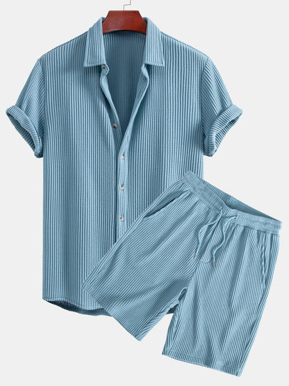 Waffle Button-Up Shirt with Matching Drawstring Waffle Shorts