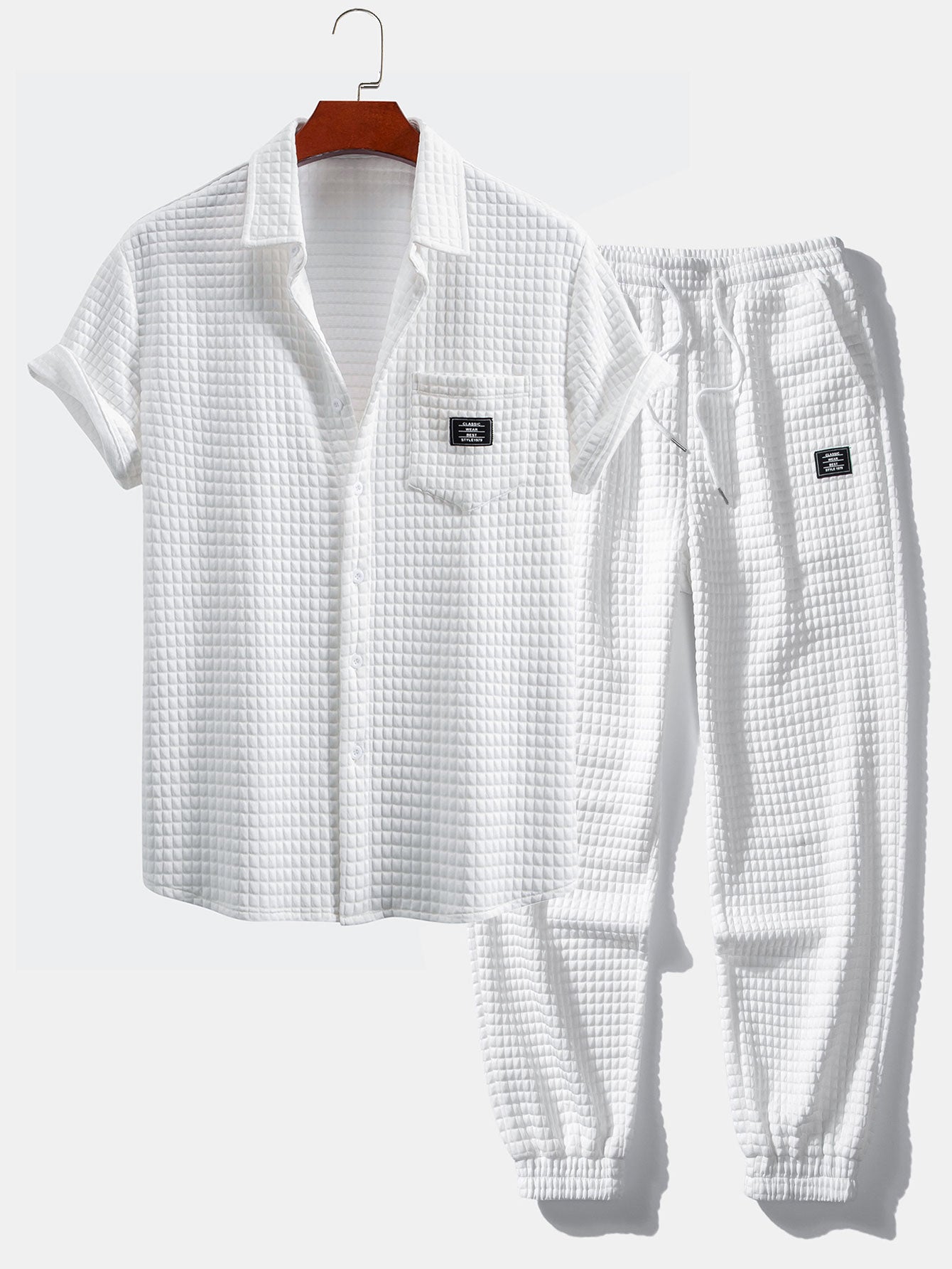 Waffle Knit Short Sleeve Shirt & Drawstring Jogger Pants Set