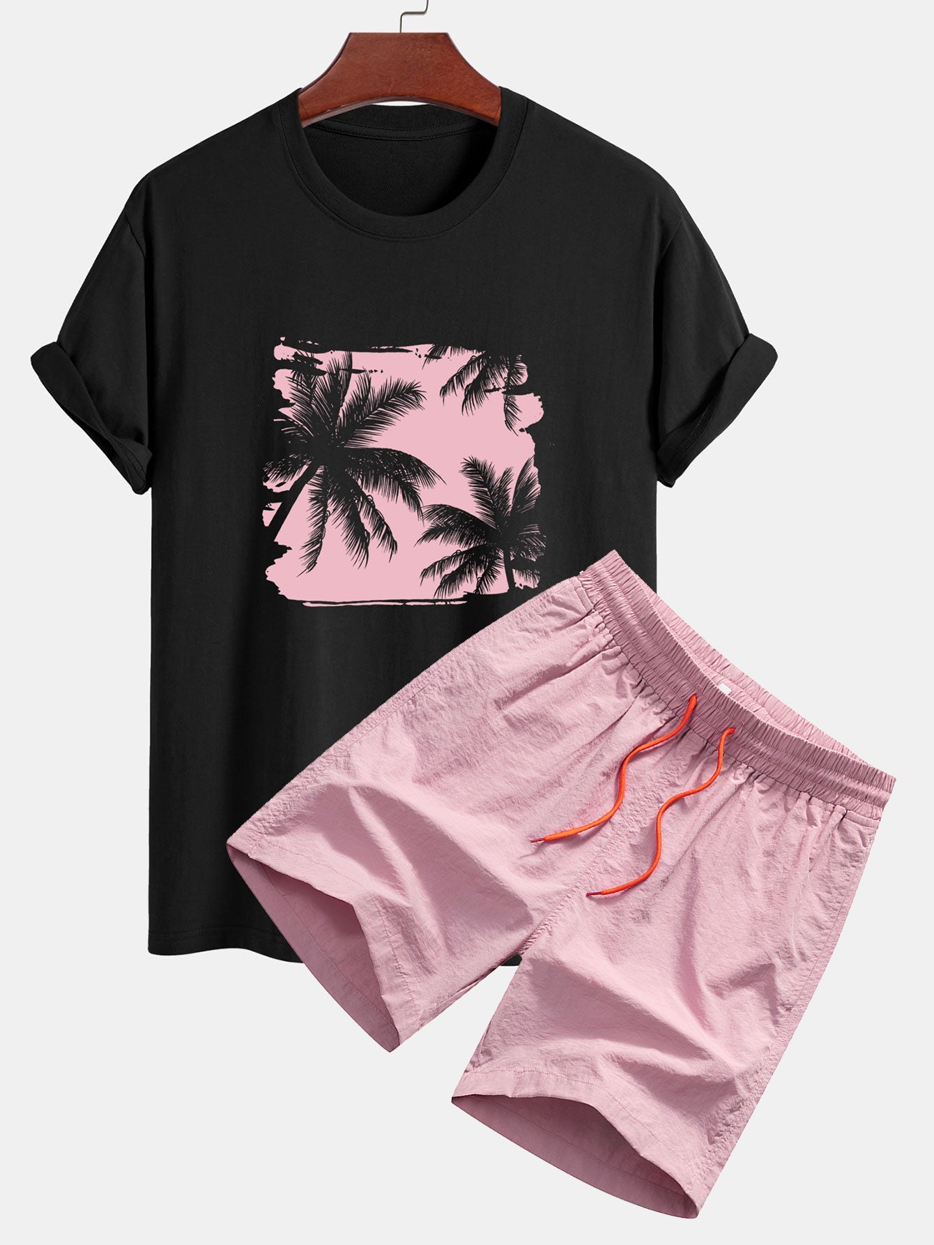 Classic Fit Cotton T-Shirt and Swim Shorts with Palm Tree Silhouette Print