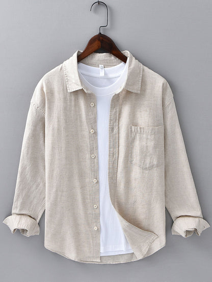 Pocketed Long Sleeve Linen-Cotton Blend Shirt