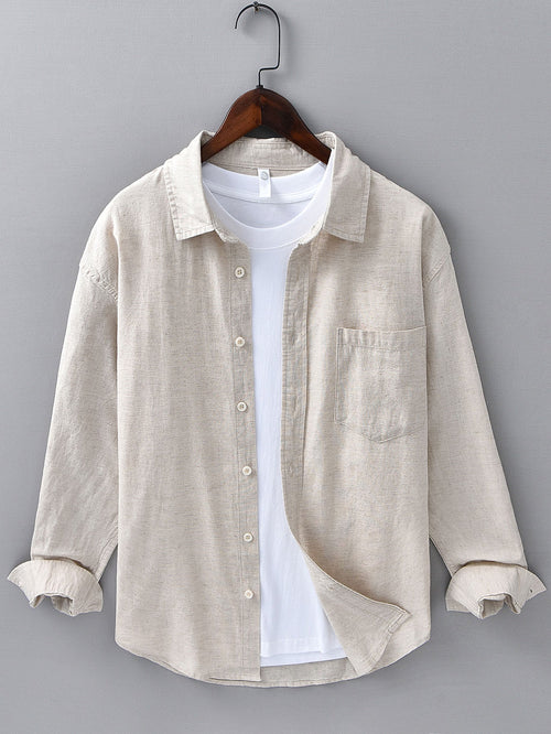 Pocketed Long Sleeve Linen-Cotton Blend Shirt