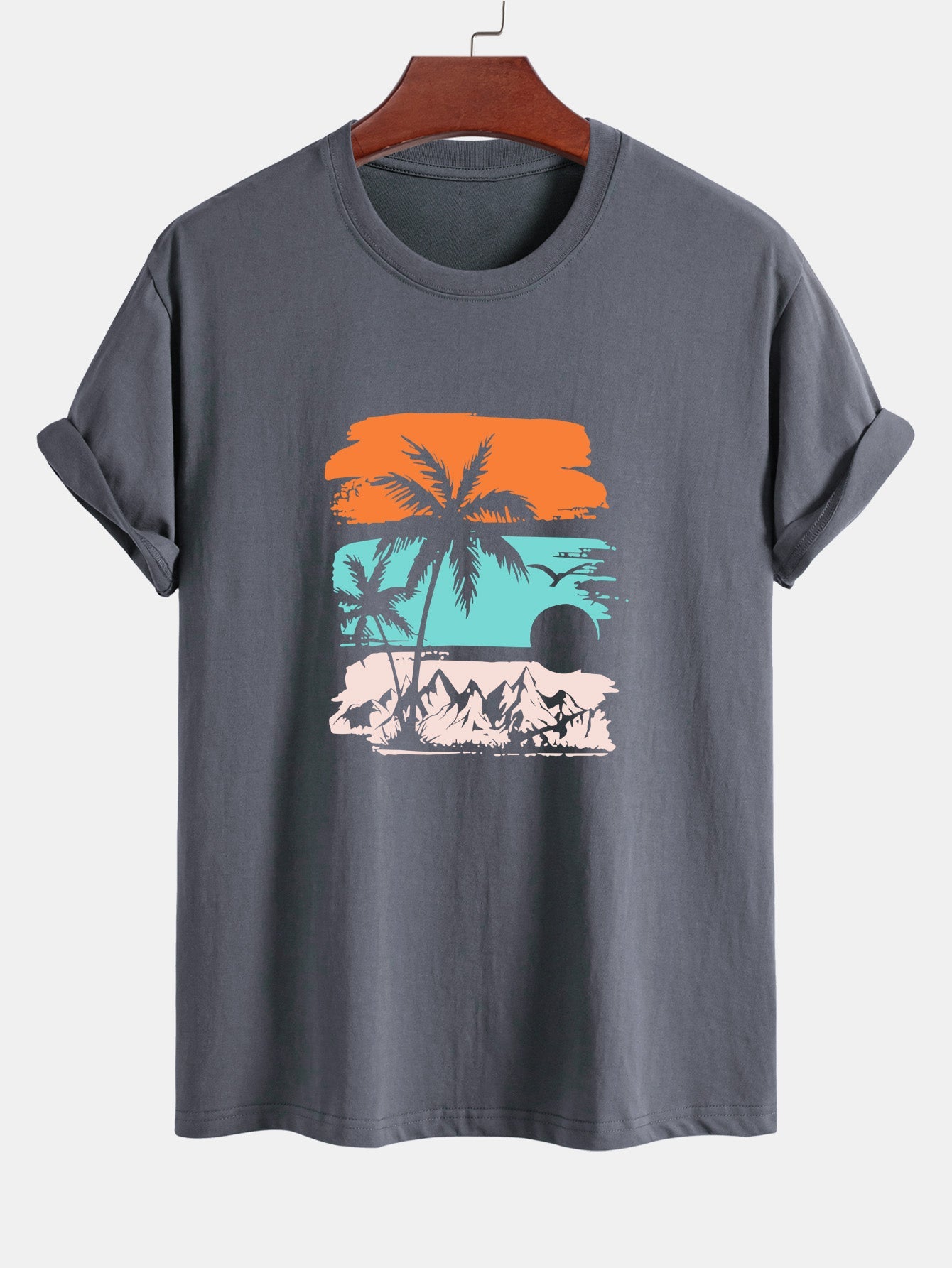 Classic Fit Cotton T-Shirt with Palm Tree Silhouette Design