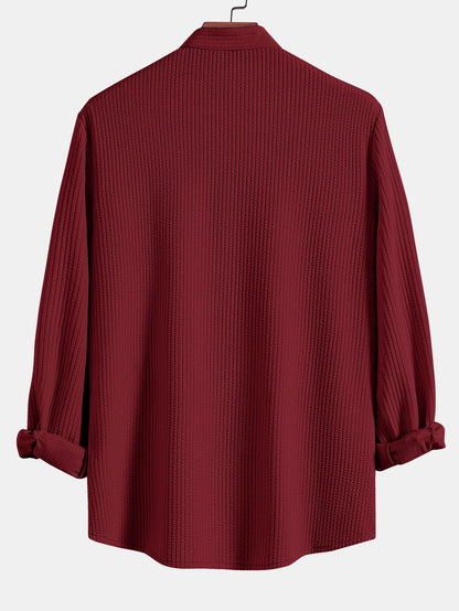 Ribbed Stand Collar Shirt with Long Sleeves and Muscle Fit