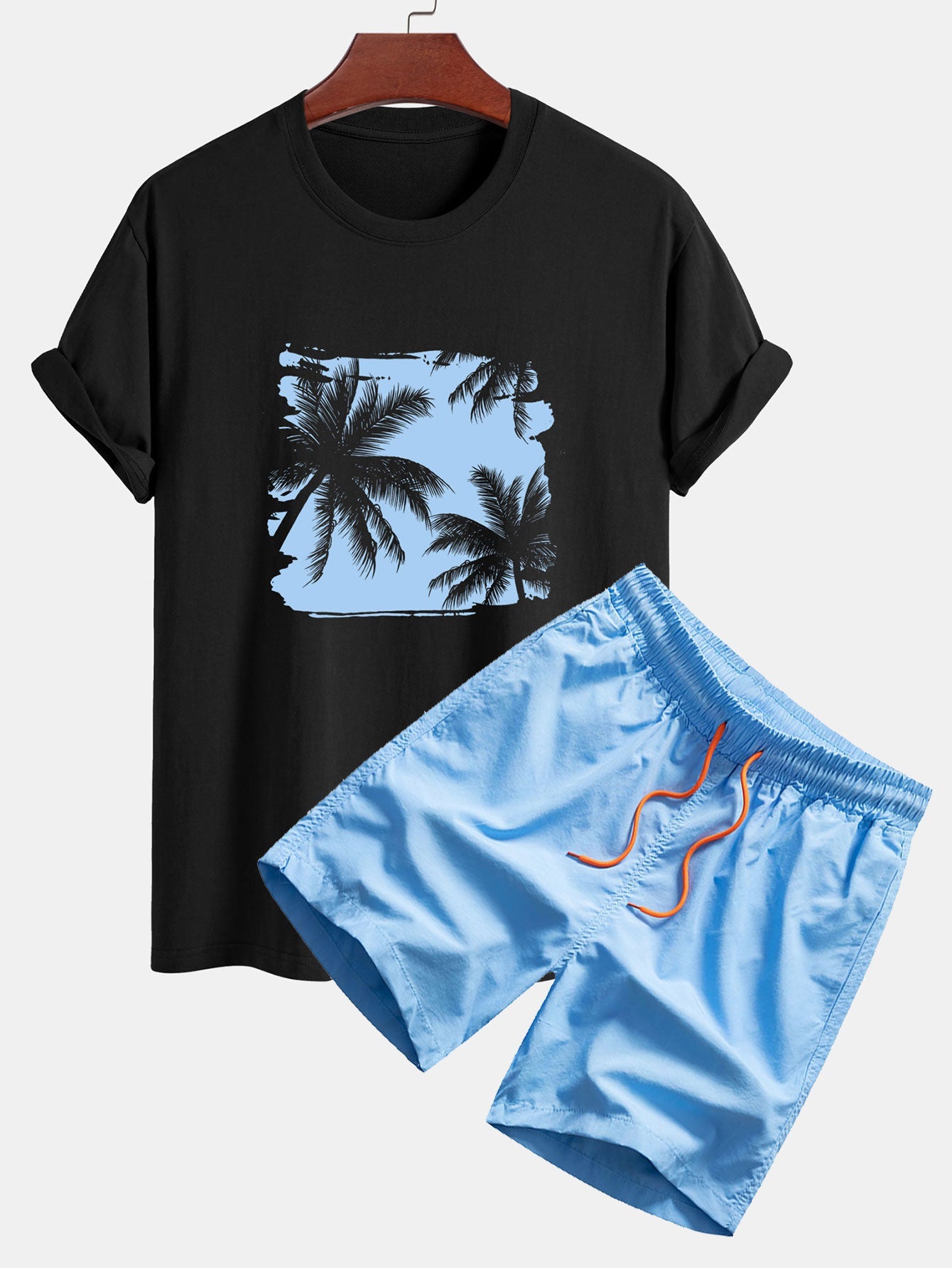 Classic Fit Cotton T-Shirt and Swim Shorts with Palm Tree Silhouette Print