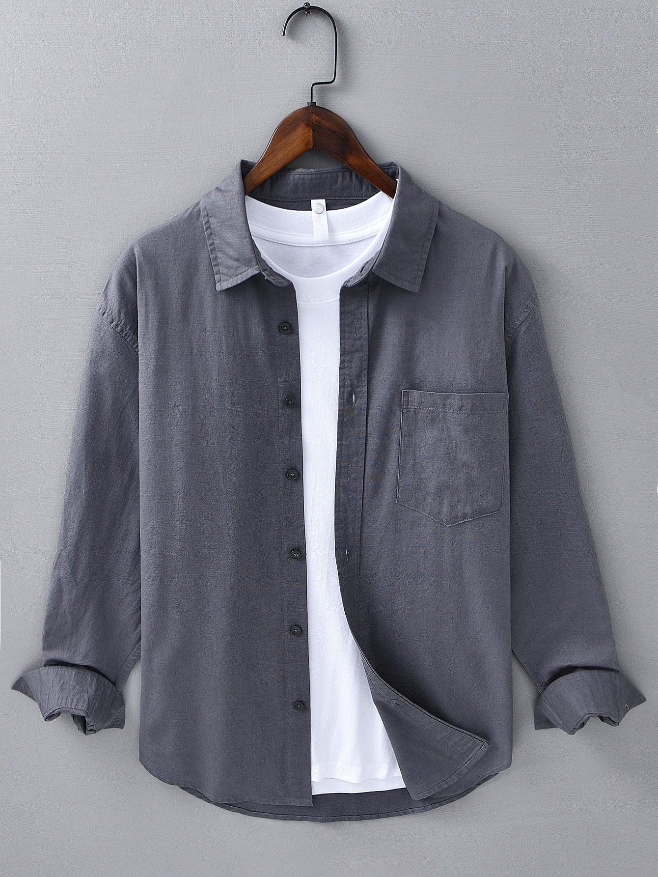 Pocketed Long Sleeve Linen-Cotton Blend Shirt