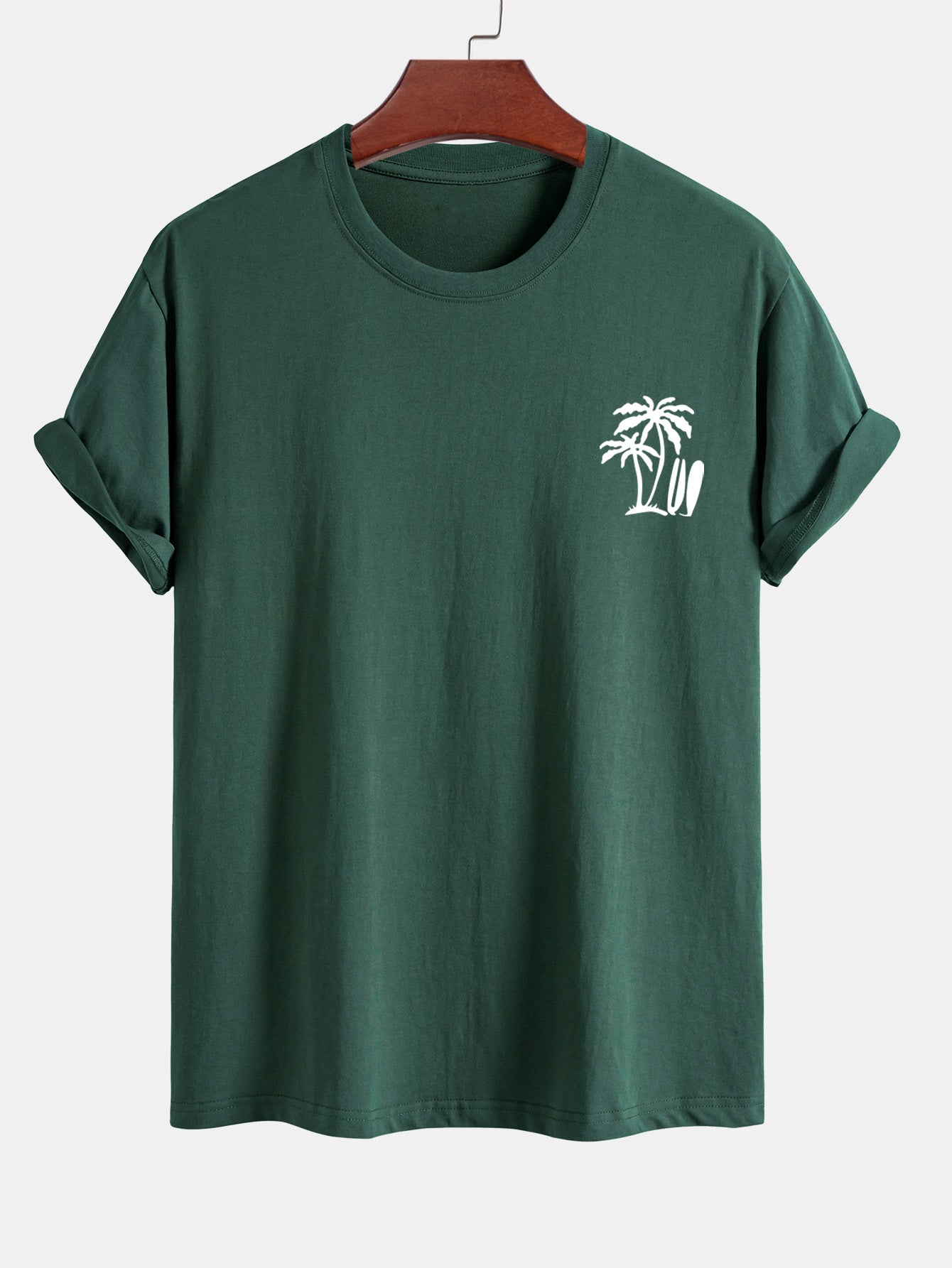Classic Fit Cotton T-Shirt with Palm Tree Surfboard Design