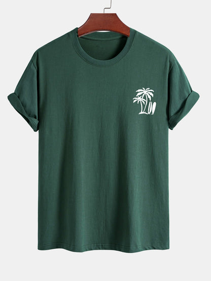 Classic Fit Cotton T-Shirt with Palm Tree Surfboard Design