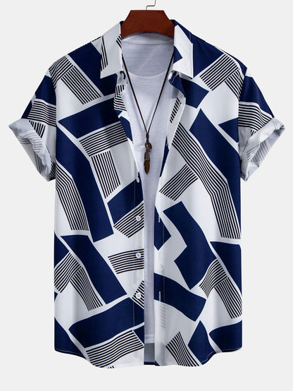 Color Block Geometric Print Button-Up Shirt with Matching Swim Shorts