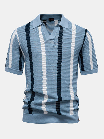 Striped V-Neck Knit Polo Shirt