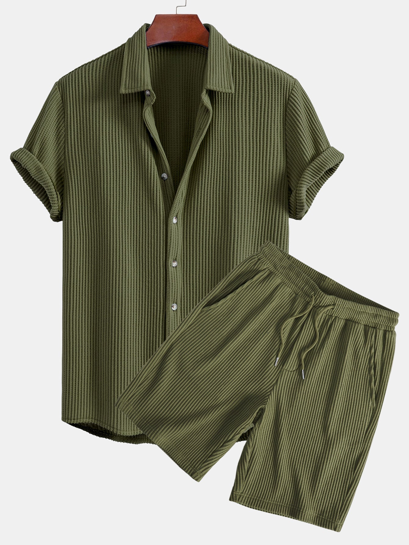 Waffle Button-Up Shirt with Matching Drawstring Waffle Shorts