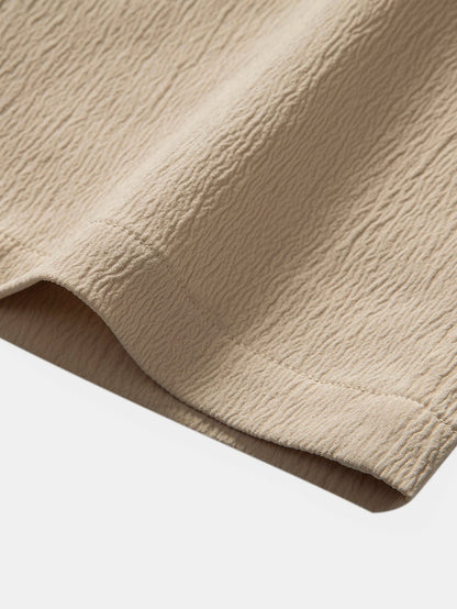 Short Sleeve V-Neck Linen-Rayon Blend Shirt with Wrinkle-Textured Straight Leg Pants