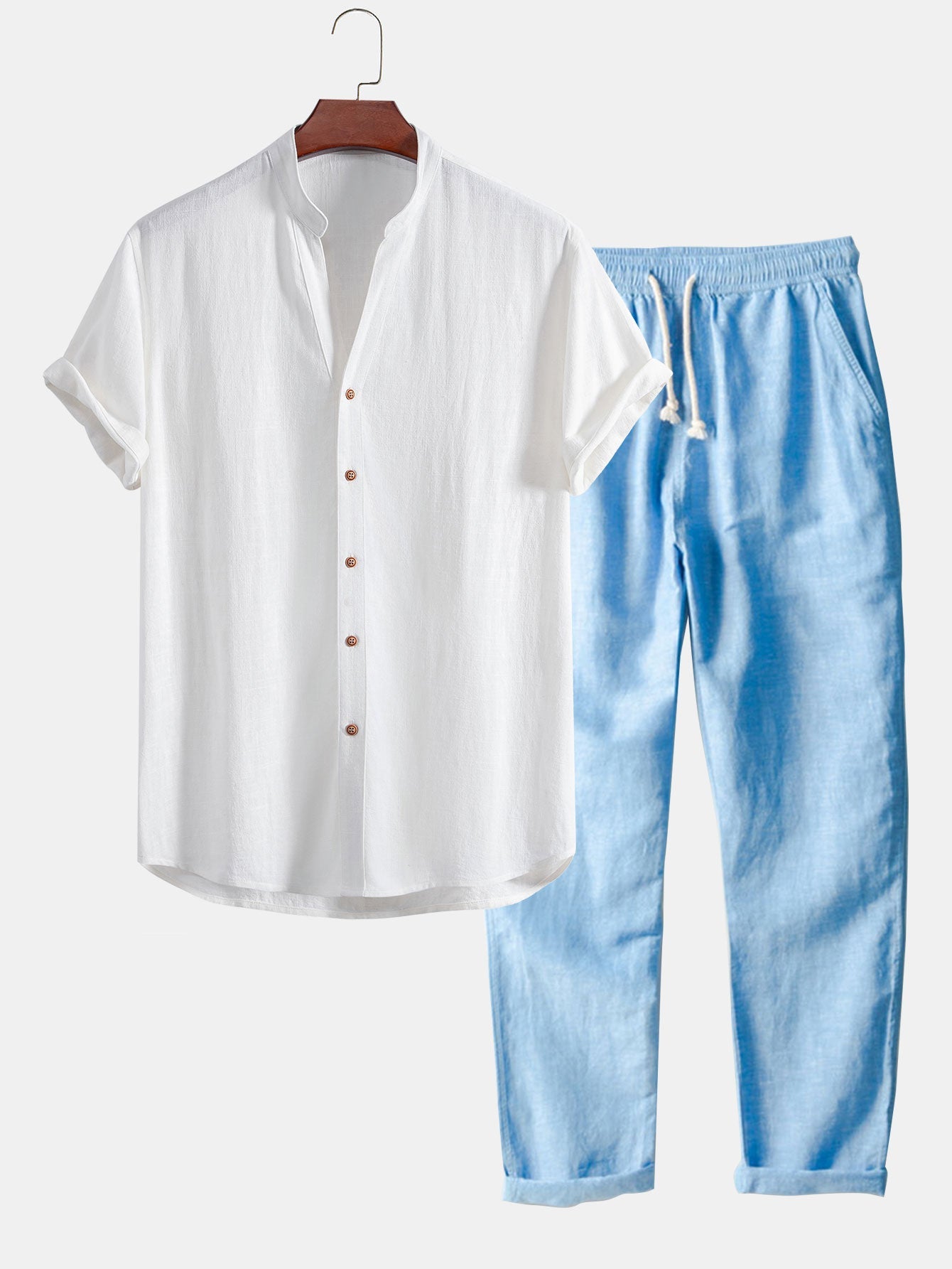 V-Neck Linen-Rayon Blend Top with Straight Leg Linen Trousers