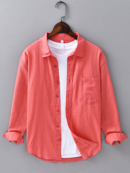 Pocketed Long Sleeve Linen-Cotton Blend Shirt