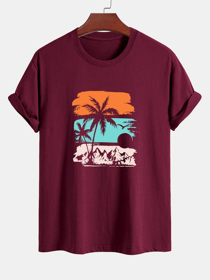 Classic Fit Cotton T-Shirt with Palm Tree Silhouette Design