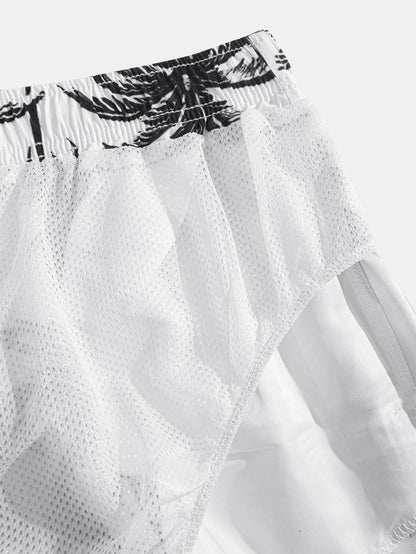 Relaxed Fit Palm Tree Print Button-Up Shirt & Matching Swim Shorts