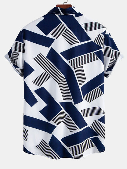Color Block Geometric Print Button-Up Shirt with Matching Swim Shorts