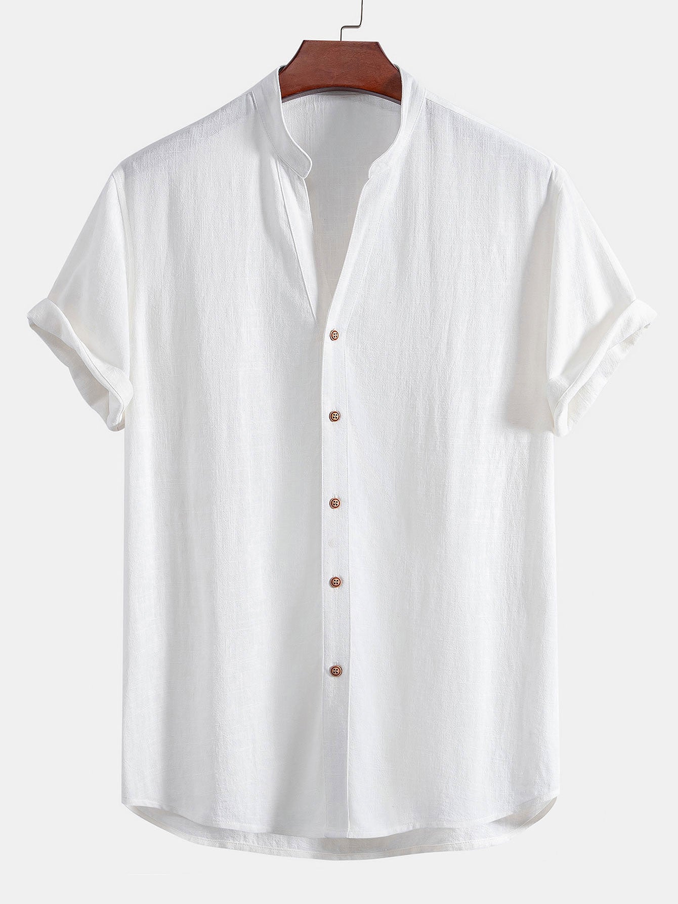 Short Sleeve V-Neck Linen-Rayon Blend Shirt with Wrinkle-Textured Straight Leg Pants