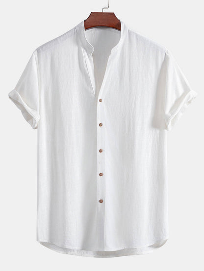 Short Sleeve V-Neck Linen-Rayon Blend Shirt with Wrinkle-Textured Straight Leg Pants