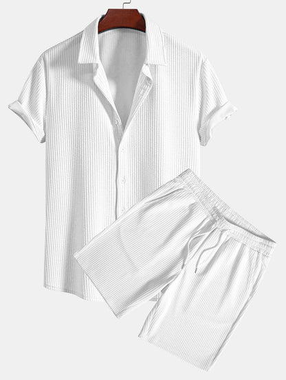 Ribbed Muscle Fit Button-Up Shirt and Shorts Set
