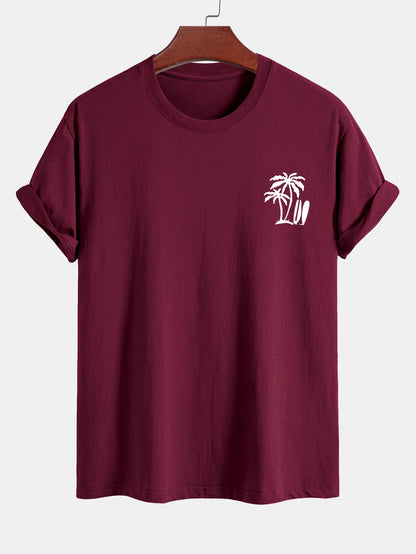 Classic Fit Cotton T-Shirt with Palm Tree Surfboard Design