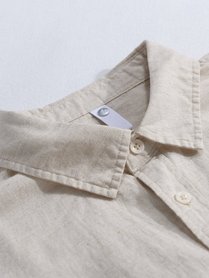 Pocketed Long Sleeve Linen-Cotton Blend Shirt