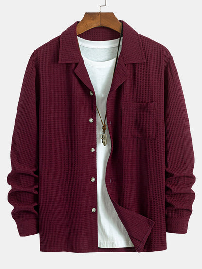 Waffle Knit Long Sleeve Cuban Collar Shirt