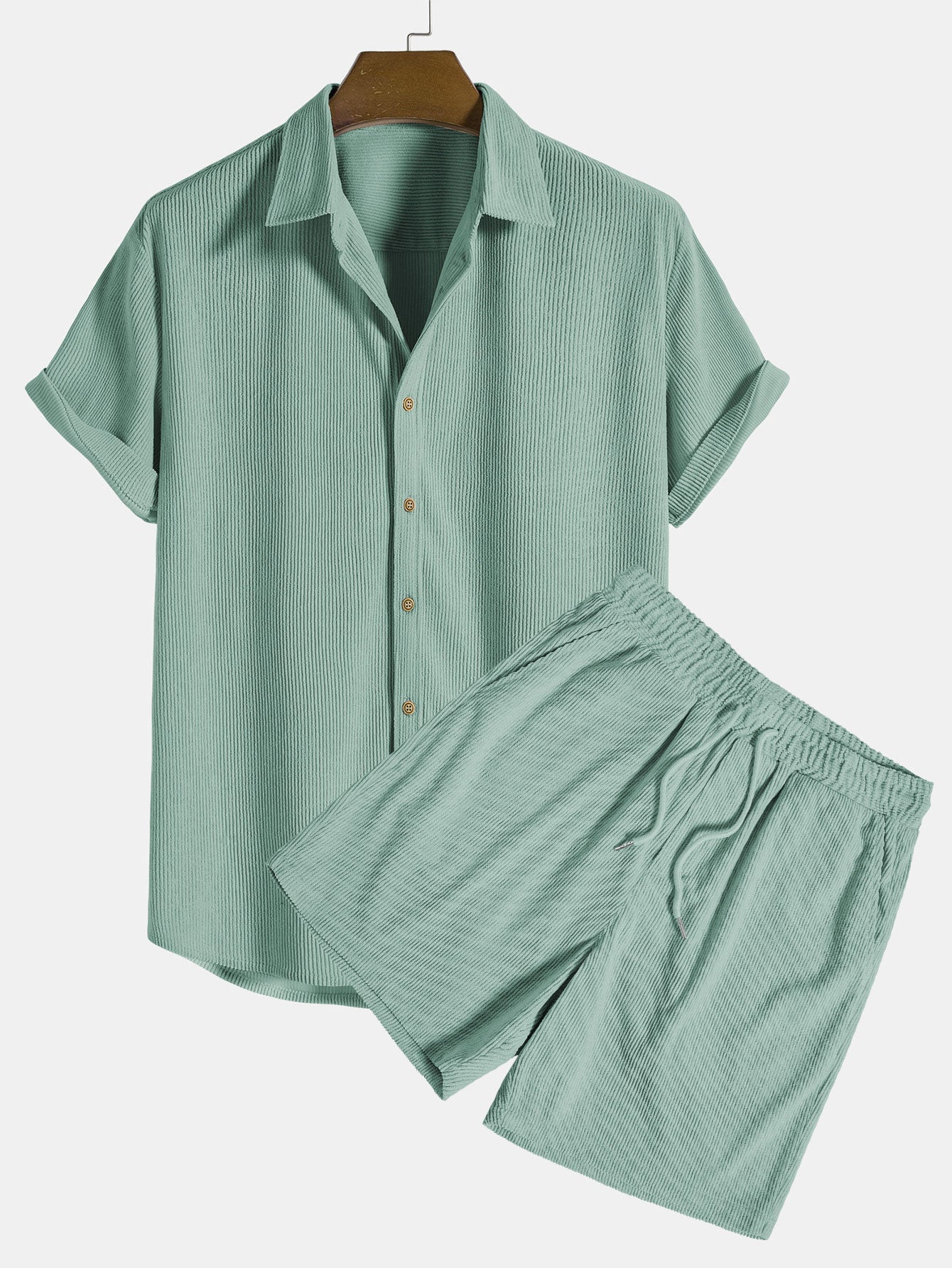 Short-Sleeve Corduroy Button-Up Shirt with Matching Shorts